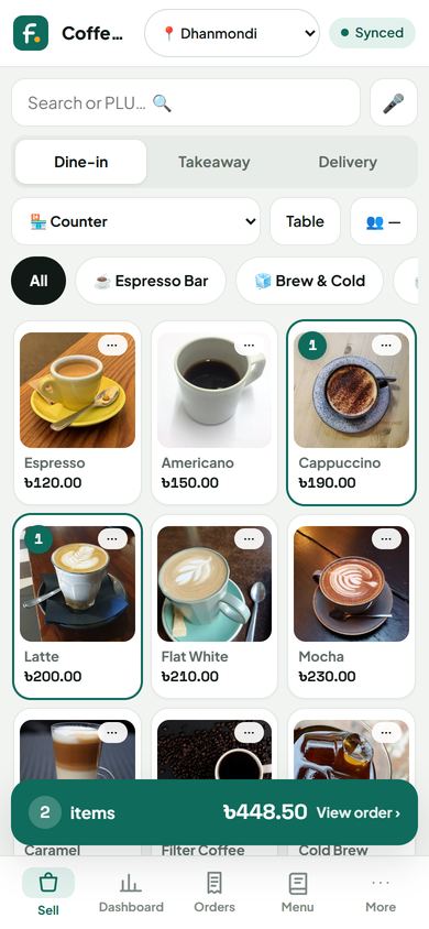 The same sell screen on a phone, with the order folded into a bar above the tabs.