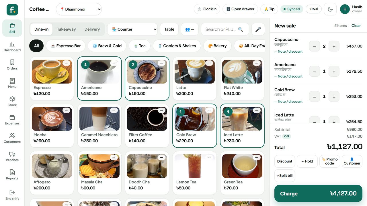 The Finetabz sell screen: a grid of menu photos with the order on the right and a big Charge button.